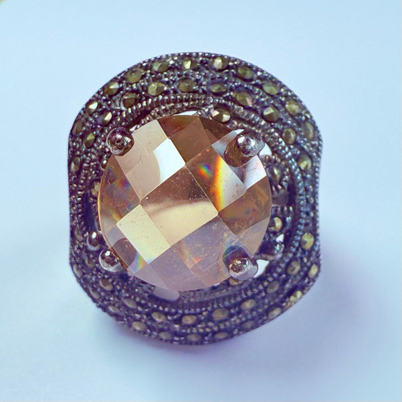 Art Deco Revival 5.5 CT Champagne Orange Quartz & Marcasite Sterling Silver Ring - Picture 1 of 12